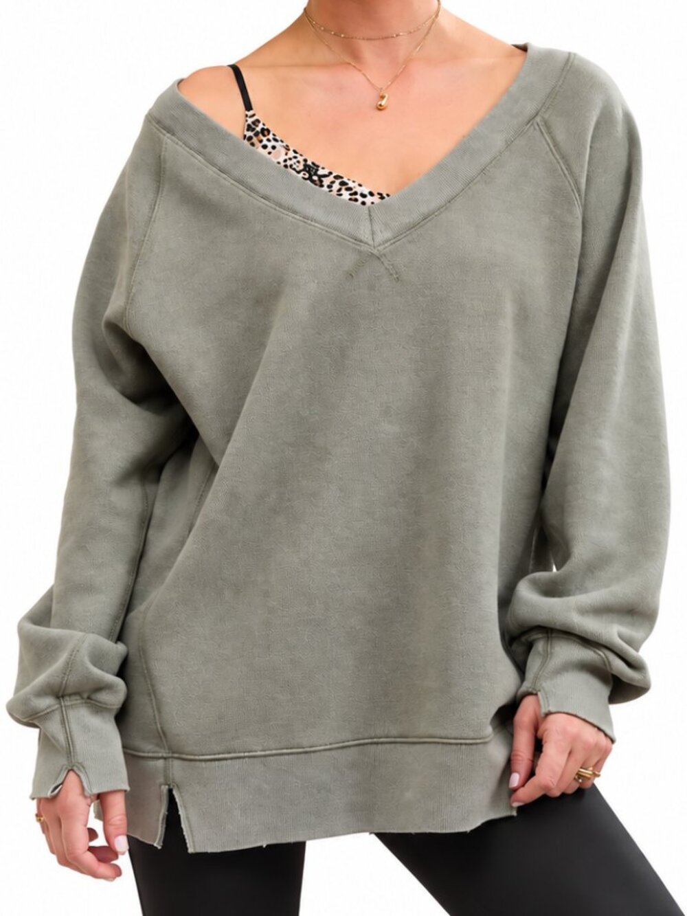 AERIE NWT Downtime Textured V-Neck Oversized Sweatshirt Green XL Off Shoulder
